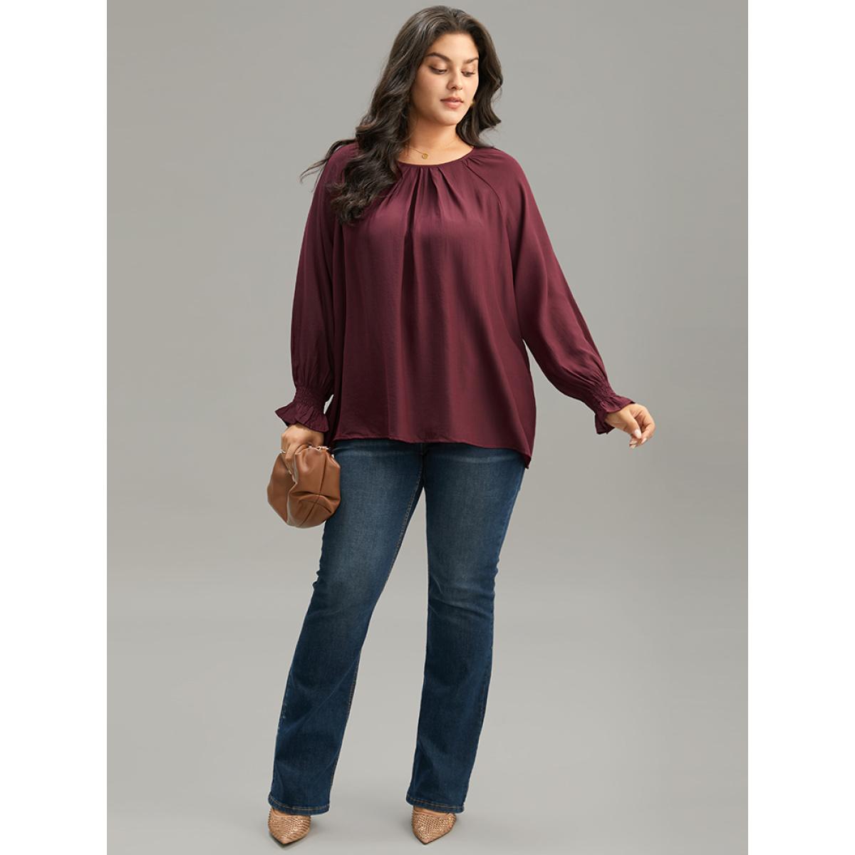 Plus Size Burgundy Supersoft Essentials Plain Plicated Detail Ruffle Trim Blouse Women Office Long Sleeve Round Neck Office Blouses BloomChic 30/6X Product Image