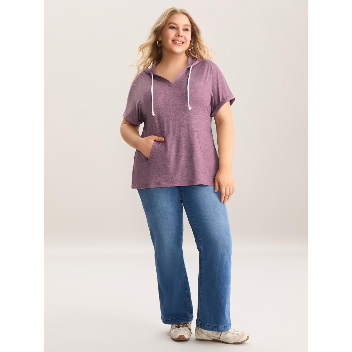 Plus Size Hooded Pockets Ties Plain T-Shirt Mauve Women Leisure Roll Hem Turtleneck Casual T-shirts BloomChic 14-16/1X Product Image