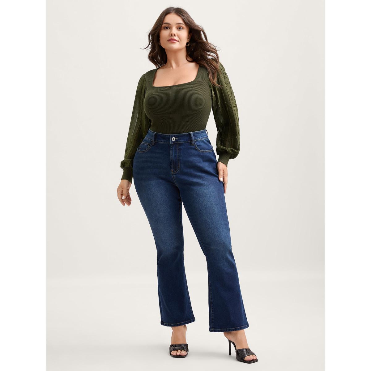 Plus Size Bodycon Fit Textured Square Neck Pullover ArmyGreen Women Romantic Bodycon Long Sleeve Square Neck Elegant Pullovers BloomChic 12/L Product Image