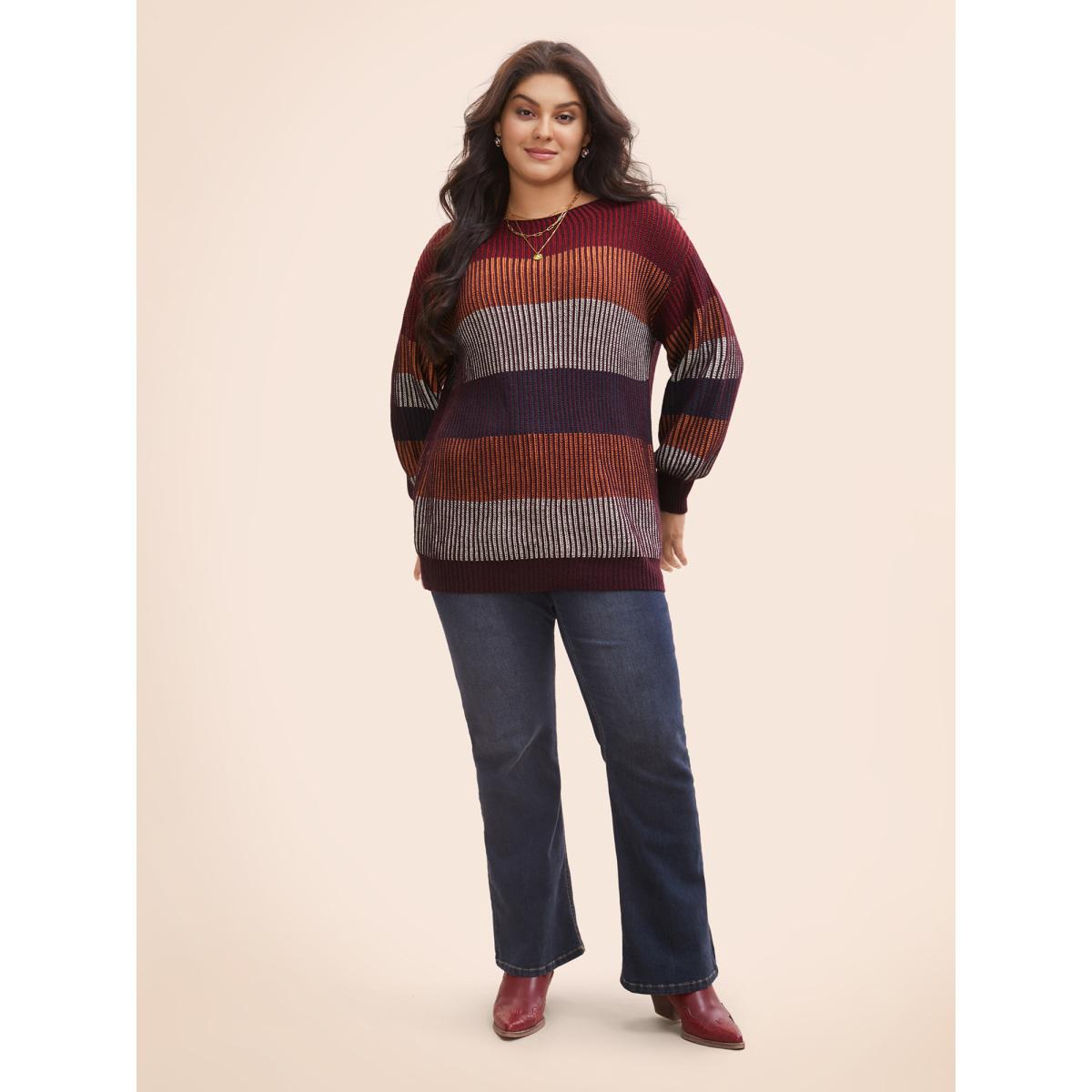 Plus Size Textured Striped Contrast Patchwork Pullover Deepred Women Casual Long Sleeve Round Neck Everyday Pullovers BloomChic 12/L Product Image
