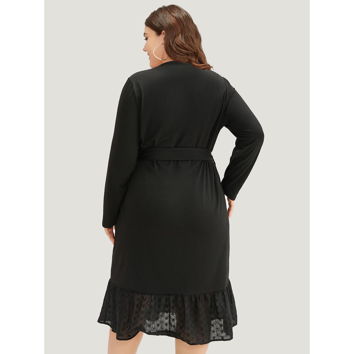 Plus Size Broderie Anglaise Round Neck Belted Flutter Hem Dress Black Women Casual Plain Round Neck Long Sleeve Curvy Midi Dress BloomChic 22-24/3X Product Image