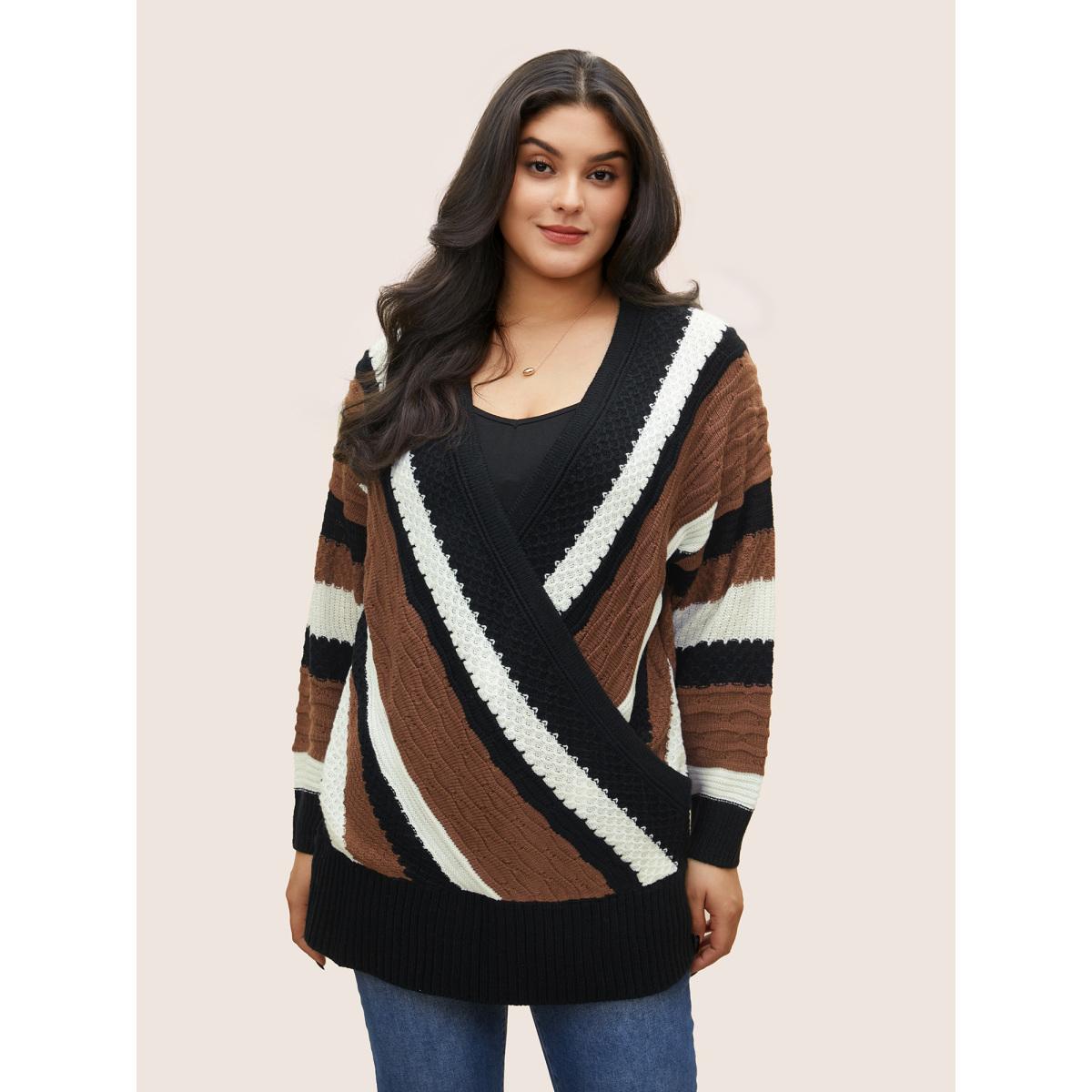 Plus Size Contrast Colorblock Wrap Deep V Neck Pullover DarkBrown Women Casual Long Sleeve Deep V-neck Everyday Pullovers BloomChic 22-24/3X Product Image