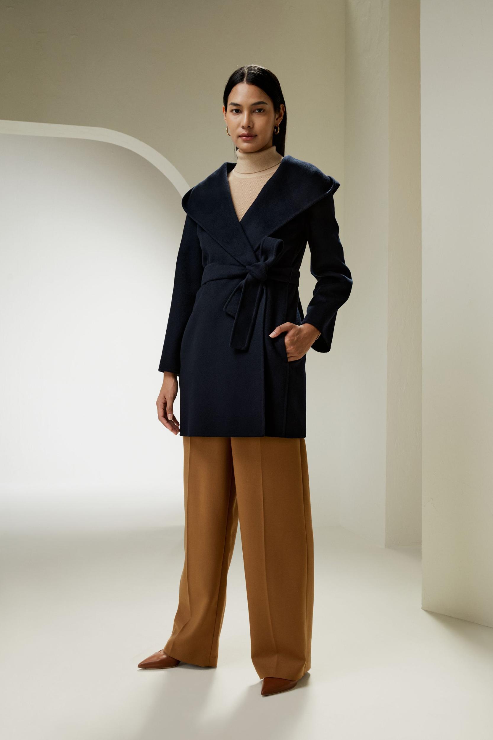 LILYSILK Womens Coats Navy Blue Cashmere Wool Comfortable Hooded Coat M Product Image