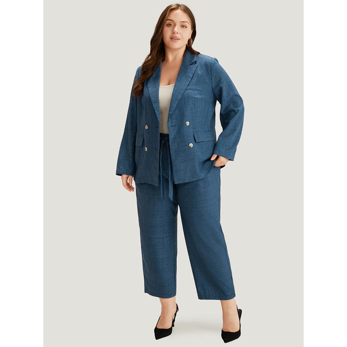 Plus Size Solid Elastic Waist Pocket Belted Pants Women Indigo Casual Straight Leg High Rise Dailywear Pants BloomChic 10/M Product Image