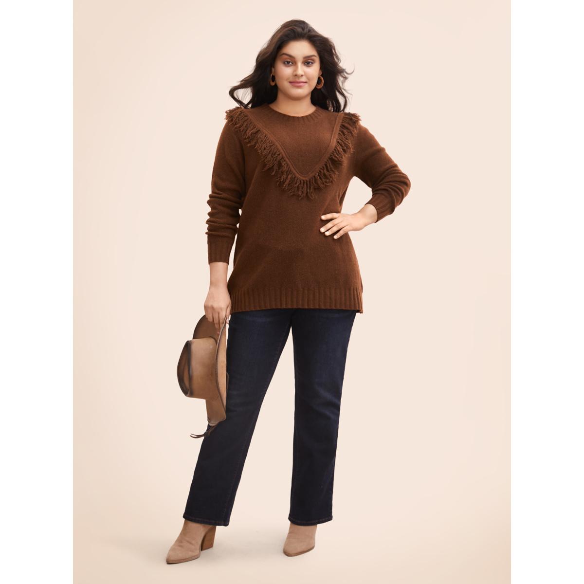Plus Size Tassel-Front High Neck Pullover DarkBrown Women Casual Long Sleeve Round Neck Everyday Pullovers BloomChic 18-20/2X Product Image