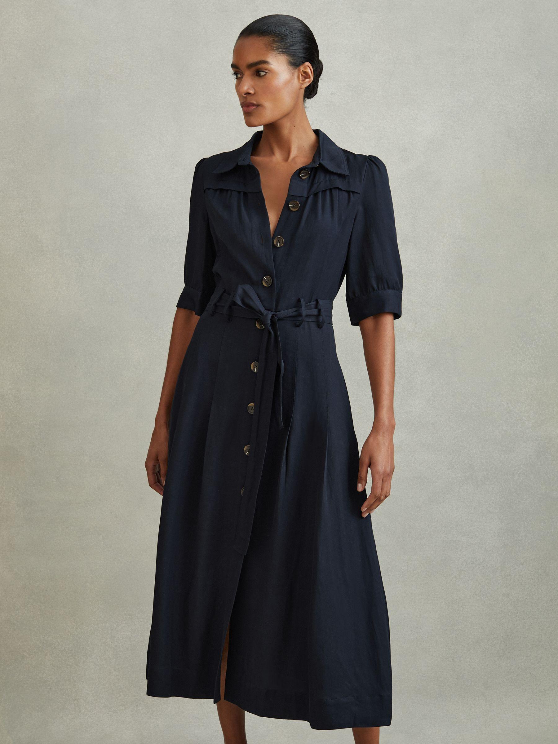 Belted Cap Sleeve Midi Dress With Linen in Navy Product Image