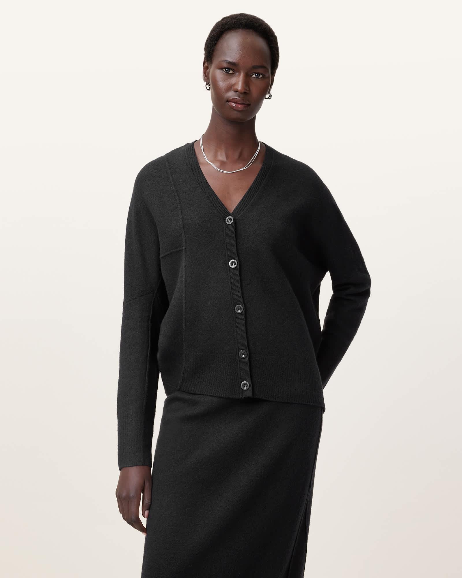 Antonia V-Neck Merino Wool Cardigan Black | ALLSAINTS US Product Image
