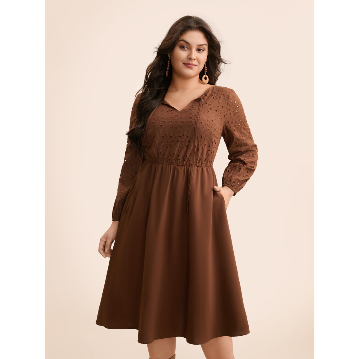 Plus Size Broderie Anglaise Patchwork Tie Knot Dress Browncoffeecolor Women Elegant Patchwork Round Neck Long Sleeve Curvy BloomChic 22-24/3X Product Image
