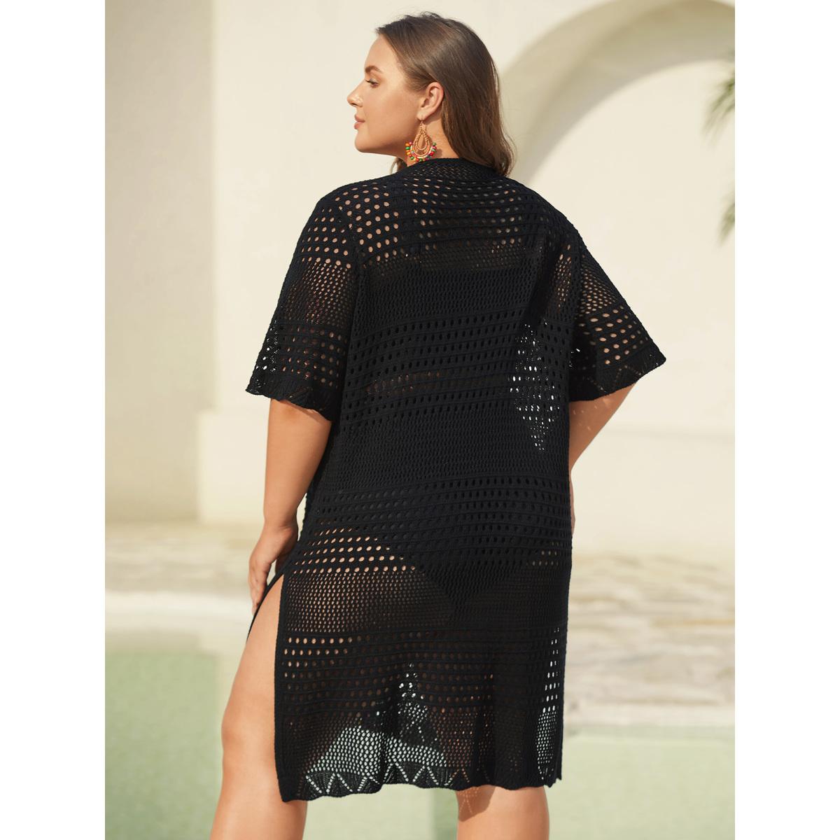 Plus Size Crocheted Cut-Out Tied Swim Cover-Up Women's Swimwear Black Beach Loose Texture Curve Swim Cover Ups BloomChic 28/5X Product Image