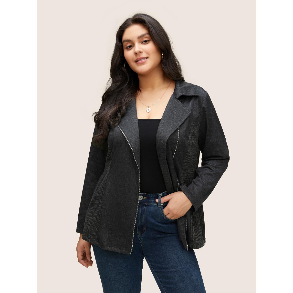 Plus Size Texture Patchwork Rib Knit Zipper Jacket Women DarkGray Non Side seam pocket Everyday Jackets BloomChic 22-24/3X Product Image