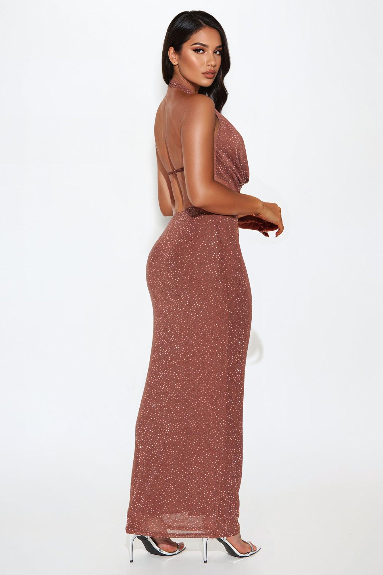 Night Moves Rhinestone Mesh Maxi Dress - Brown Product Image