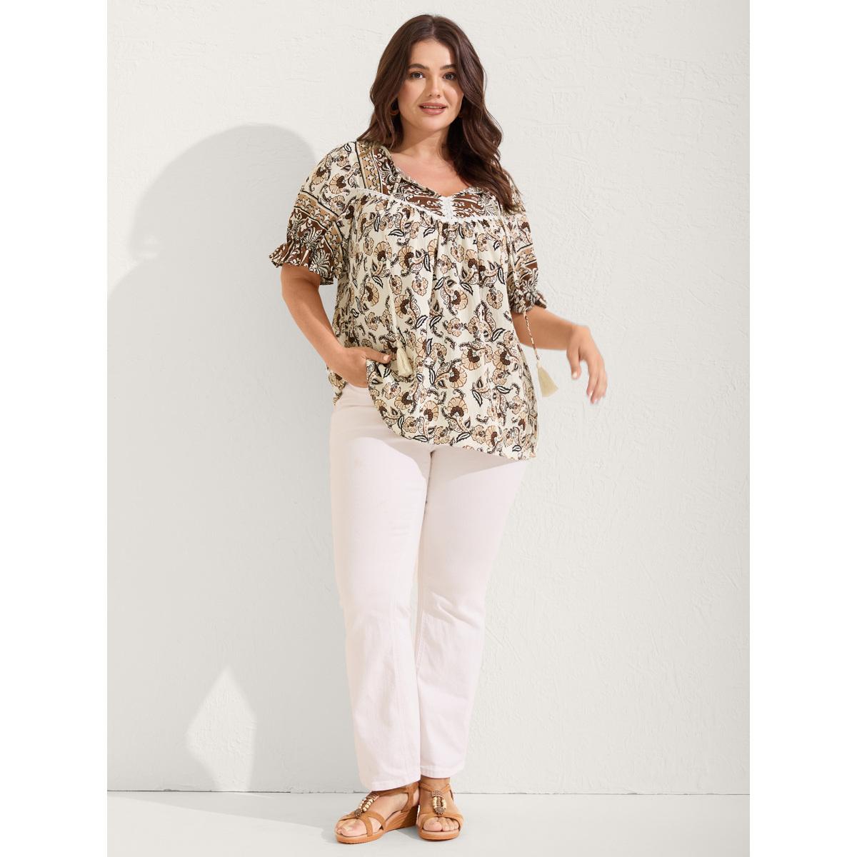 Plus Size DarkBrown Boho Floral Print Neck Tassels Blouse Women Boho Short sleeve Flat collar with V-notch Vacation Blouses BloomChic 30/6X Product Image