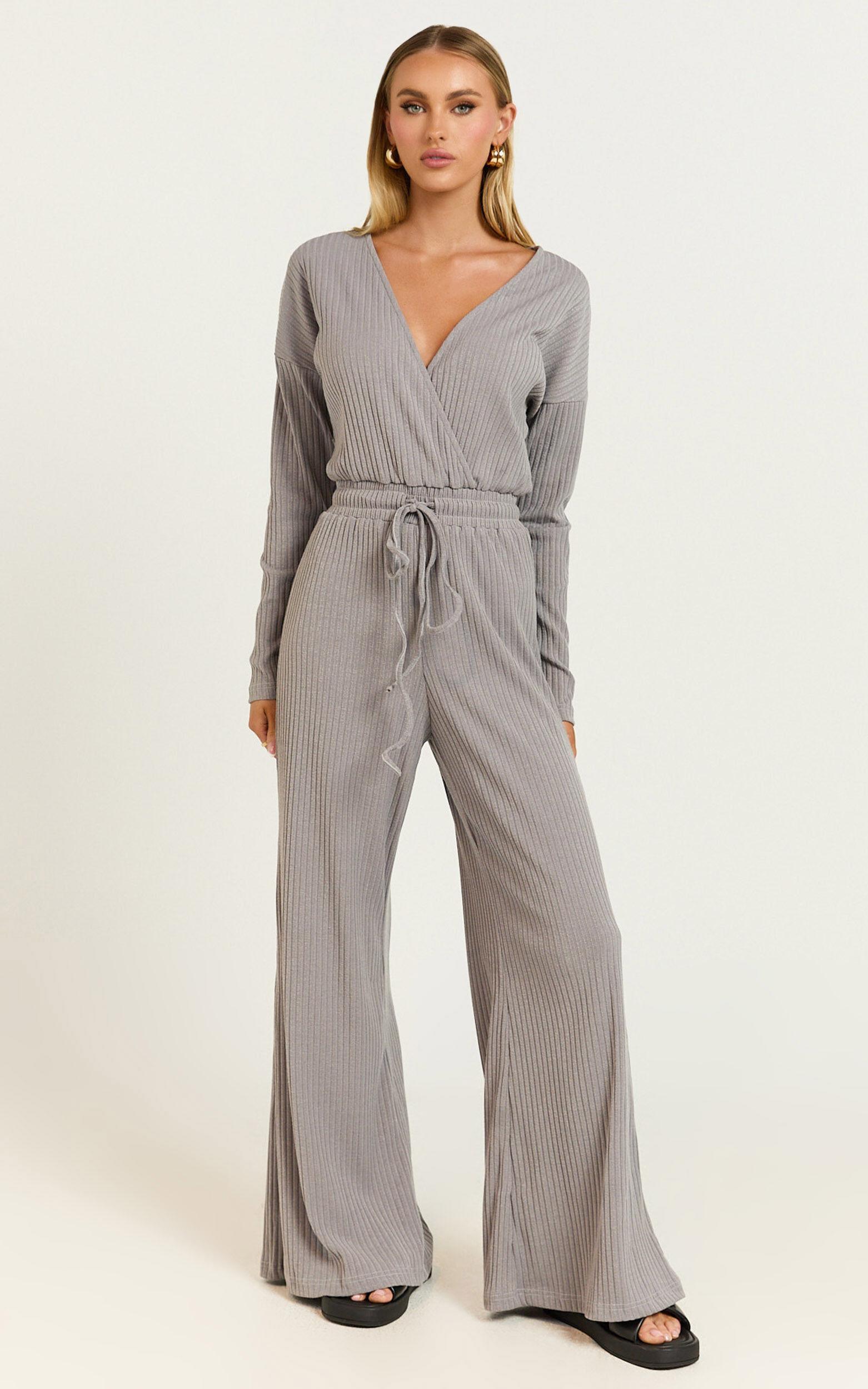 Camille Jumpsuit - Ribbed Jersey Long Sleeve Wide Leg Jumpsuit in Slate Grey Product Image