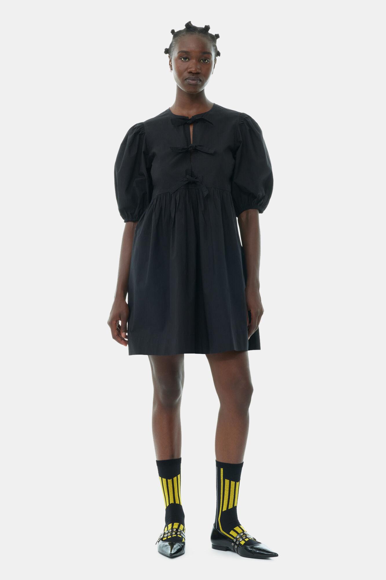 Black Cotton Poplin Tie String Mini Dress Product Image