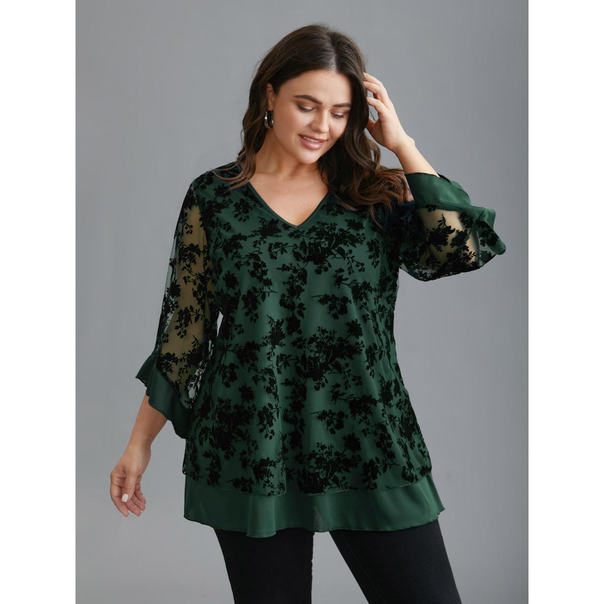 Plus Size DarkGreen Floral Flocking Mesh Asymmetrical Hem Blouse Women Elegant Three Quater Length Sleeve V-neck Everyday Blouses BloomChic 26/4X Product Image