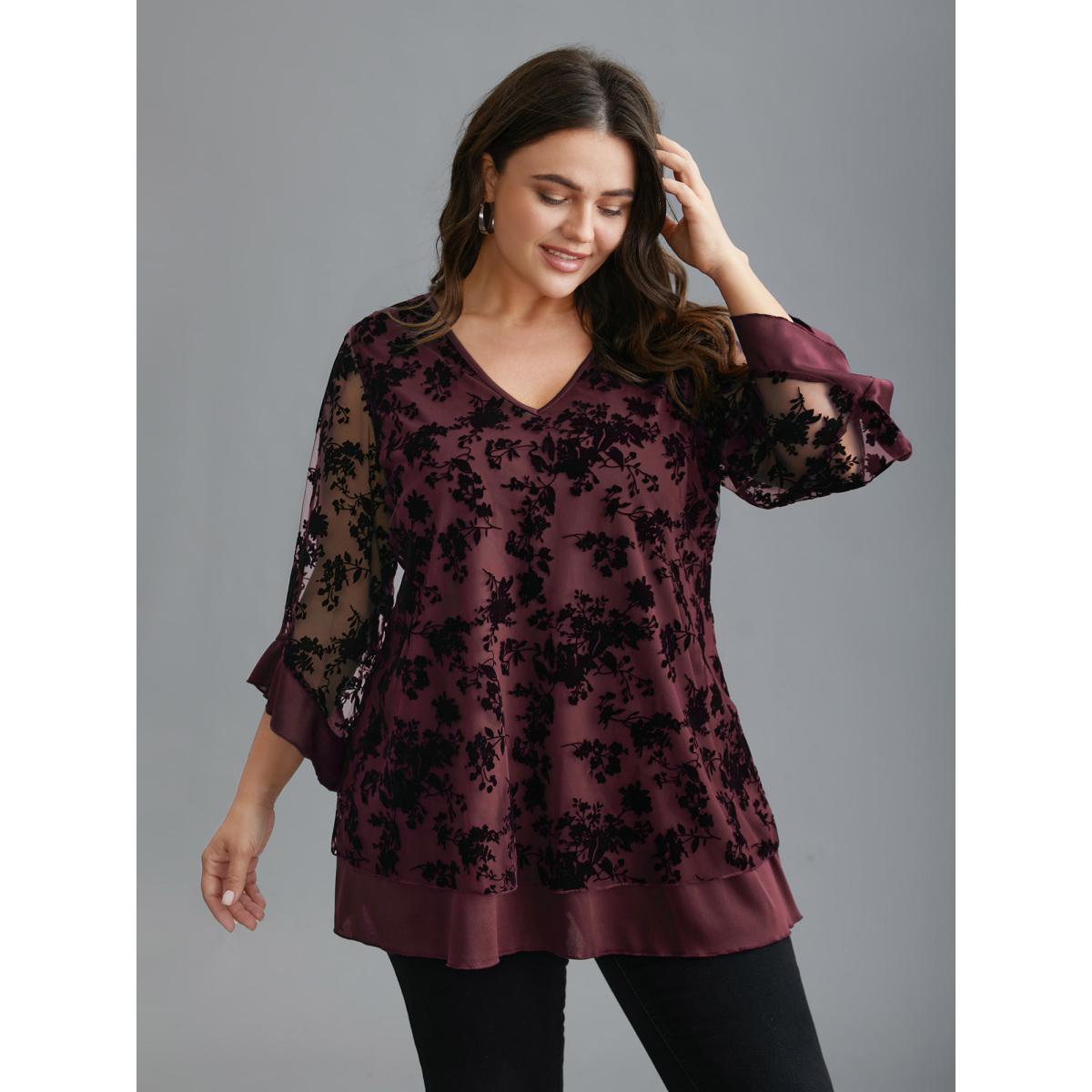 Plus Size Burgundy Floral Flocking Mesh Asymmetrical Hem Blouse Women Elegant Three Quater Length Sleeve V-neck Everyday Blouses BloomChic 22-24/3X Product Image