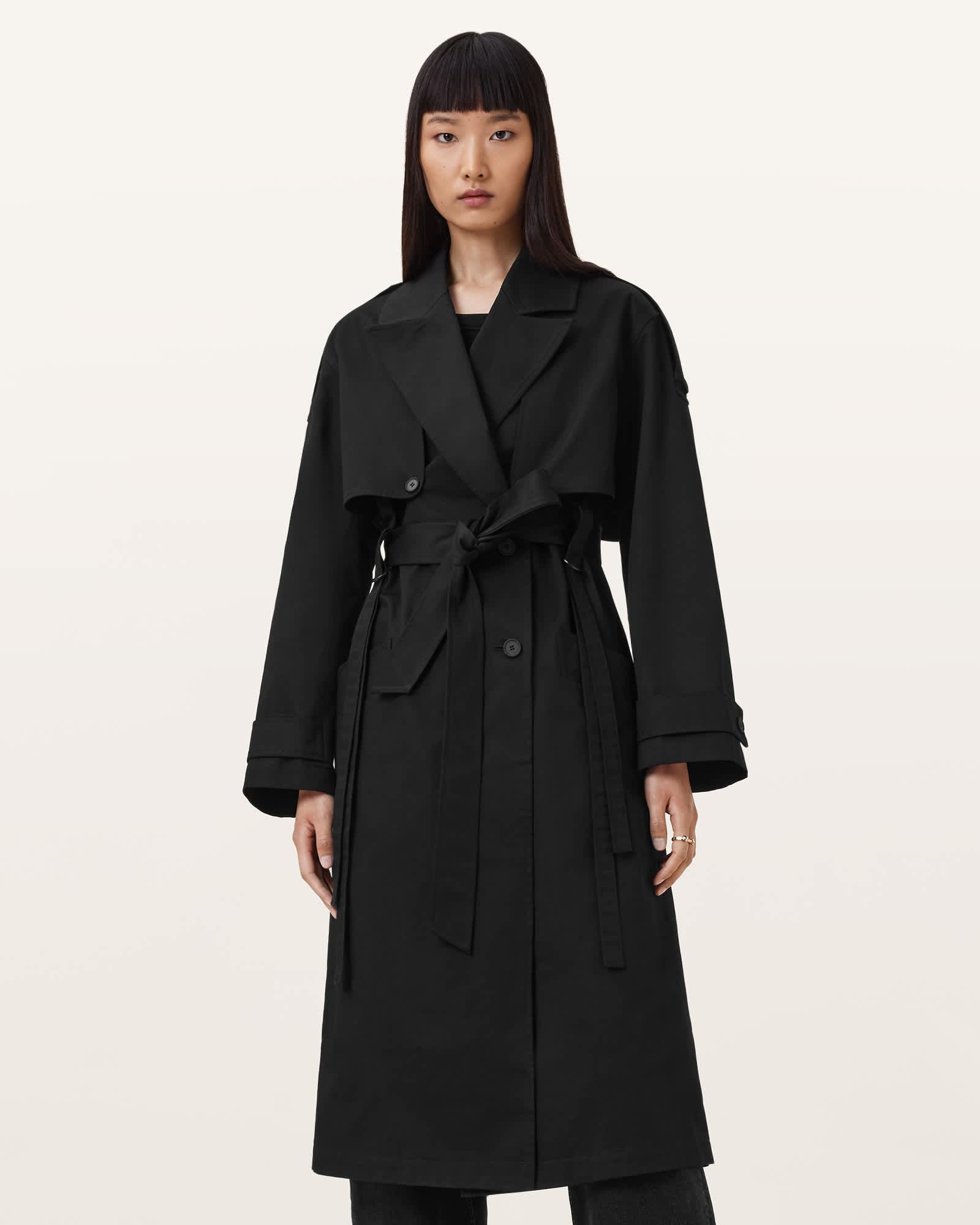 Cadence Relaxed Fit Trench Coat Black | ALLSAINTS US Product Image