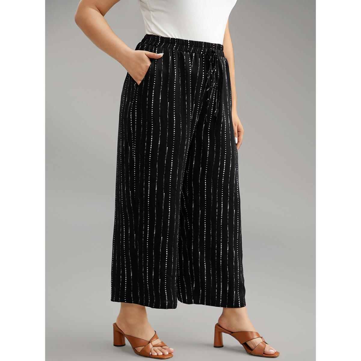 Plus Size Polka Dot Striped Ties Wide Leg Pants Women Black Vacation Wide Leg High Rise Dailywear Pants BloomChic 18-20/2X Product Image