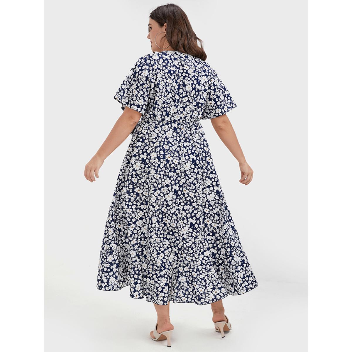 Plus Size Floral Belted Ruffles Split Pocket Wrap Dress DarkBlue Women Elegant Cross straps V-neck Short sleeve Curvy Midi Dress BloomChic 18-20/2X Product Image