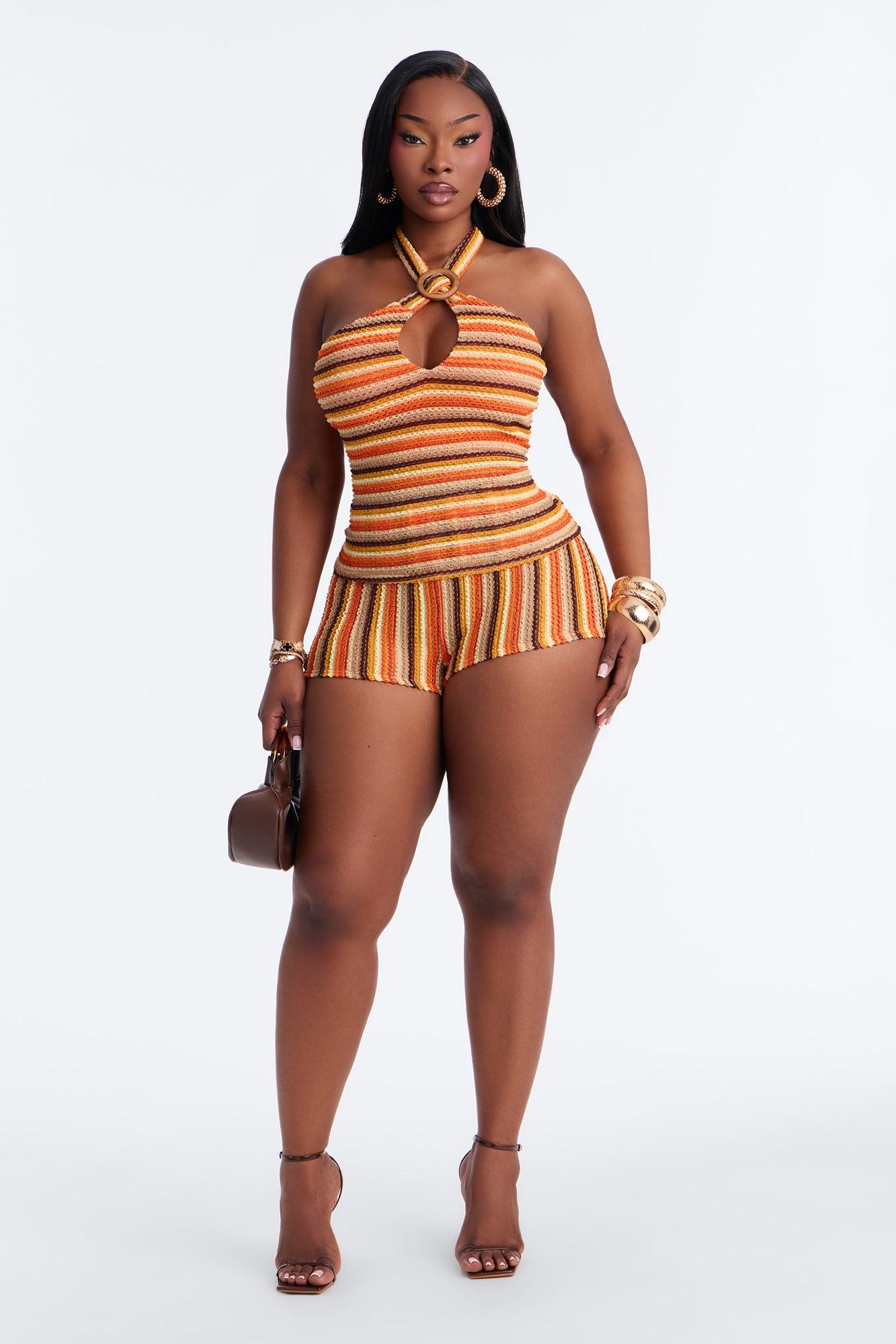 Sienna Striped Cut Out Crochet Halter Top - Orange Female Product Image
