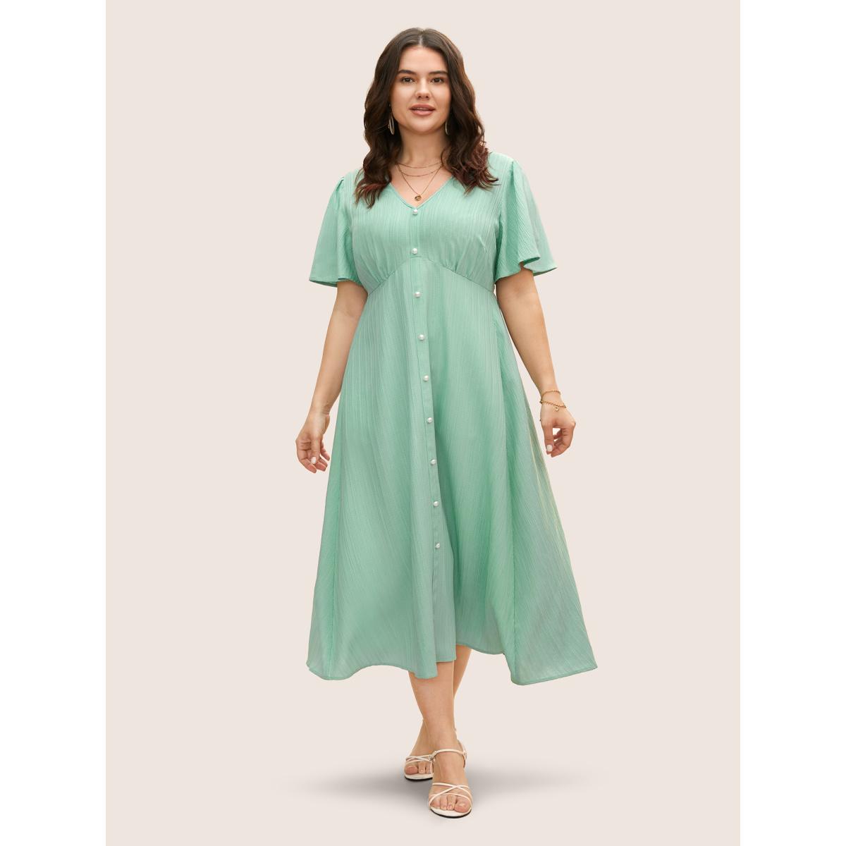 Plus Size V Neck Button Detail Flutter Sleeve Dress Mint Women Elegant Texture V-neck Short sleeve Curvy BloomChic 18-20/2X Product Image
