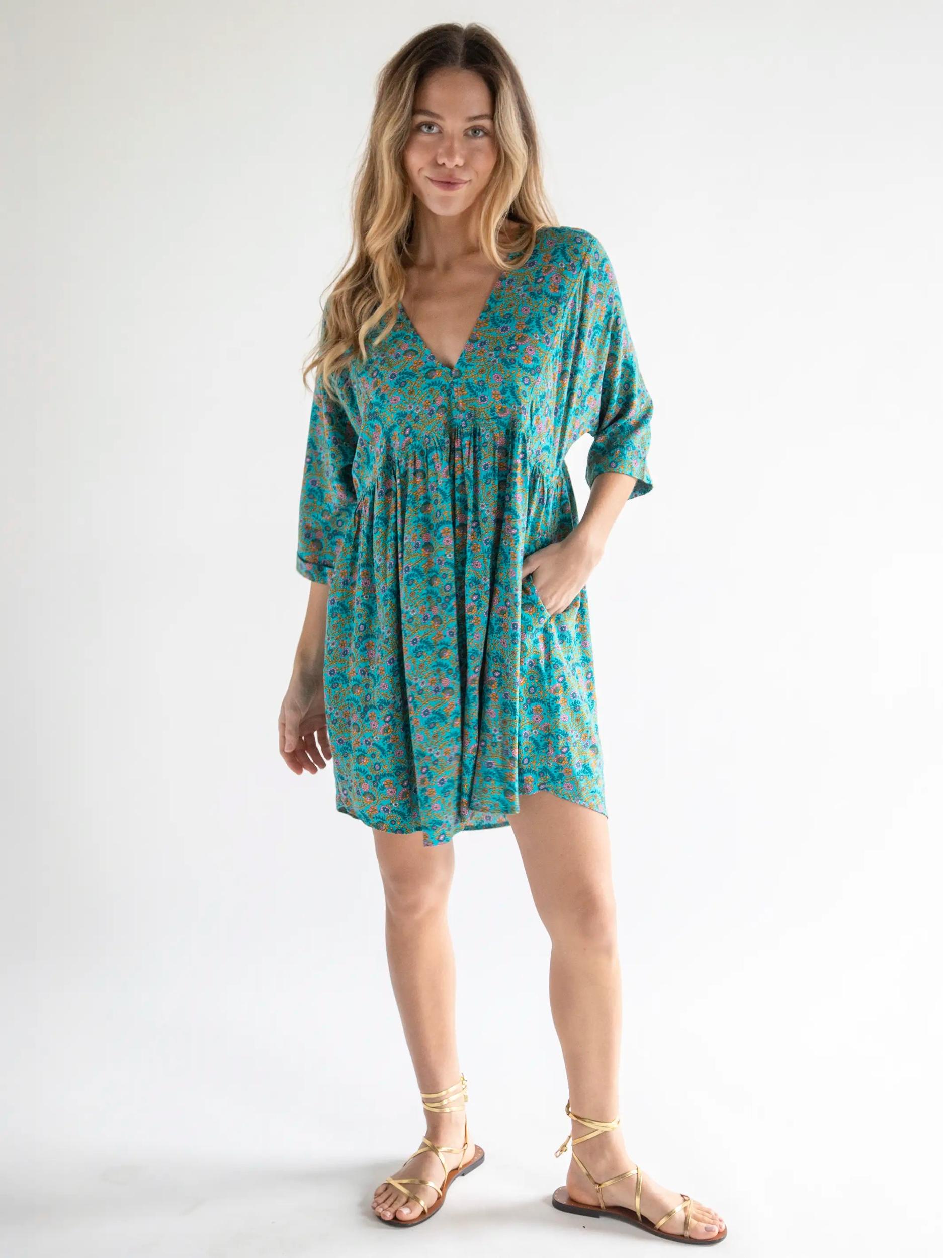 Stella V-Neck Mini Dress - Turquoise Ditsy Vines Product Image