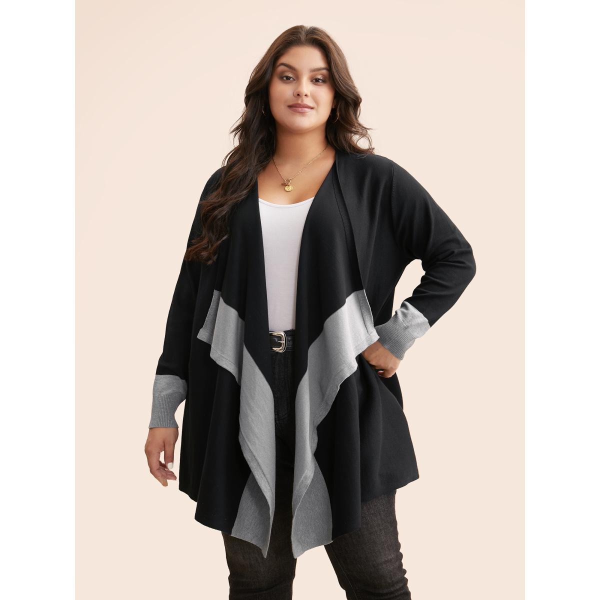 Plus Size Contrast Kimono Collar Asymmetrical Hem Cardigan Black Women Casual Loose Long Sleeve Everyday Cardigans BloomChic 30/6X Product Image