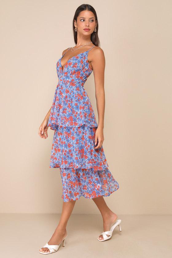 Adorable Obsession Blue Floral Print Lurex Tiered Midi Dress Product Image