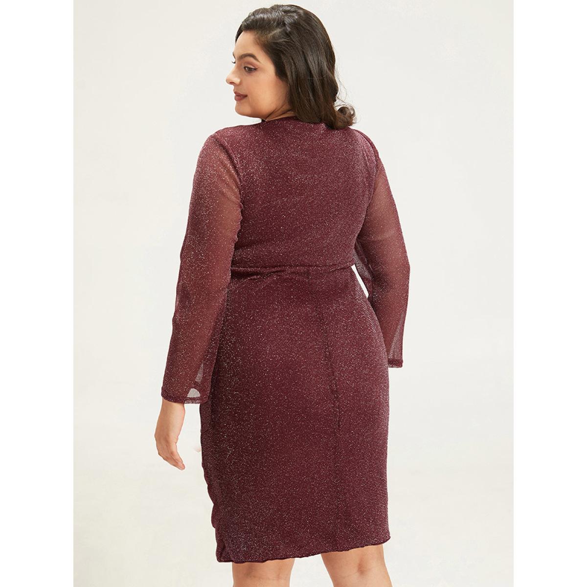 Plus Size Lurex Glitter Crew Neck Mesh Patchwork Gathered Dress Burgundy Women Casual Gathered Round Neck Long Sleeve Curvy Midi Dress BloomChic 10/M Product Image