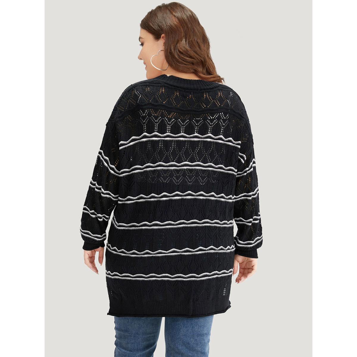 Plus Size Striped Geometric Button Through Cardigan Black Women Casual Loose Long Sleeve Dailywear Cardigans BloomChic 10/M Product Image
