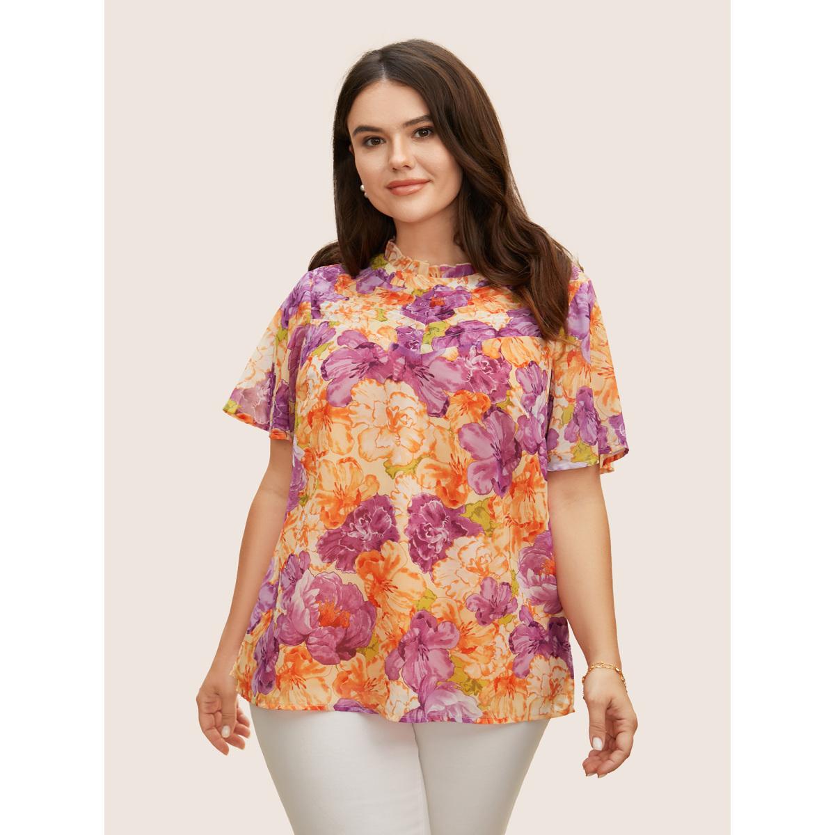 Plus Size Multicolor Mock Neck Contrast Floral Flutter Sleeve Blouse Women Elegant Short sleeve Mock Neck Everyday Blouses BloomChic 18-20/2X Product Image