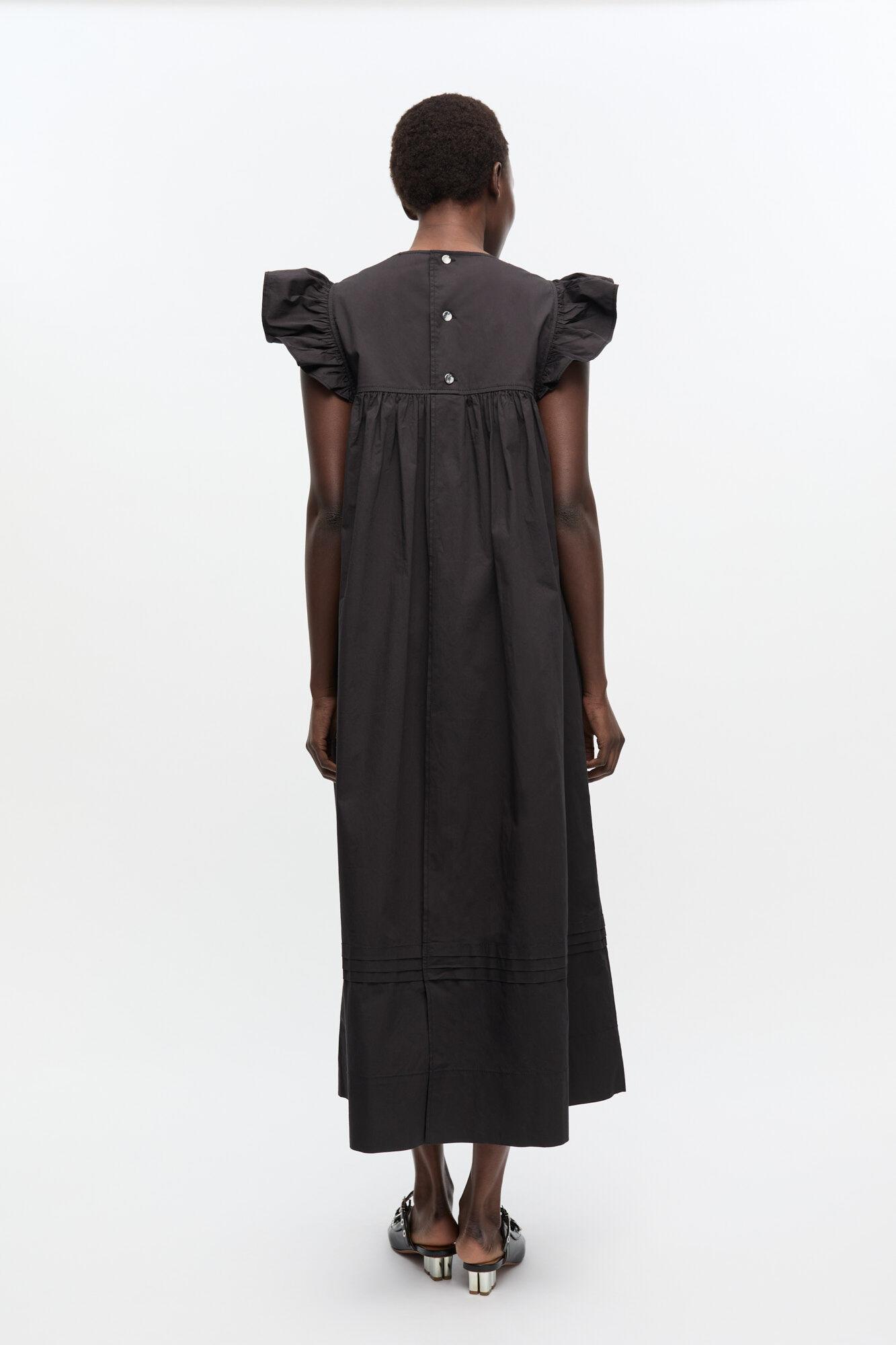 Black Stretch Cotton Frill Sleeve Dress Product Image