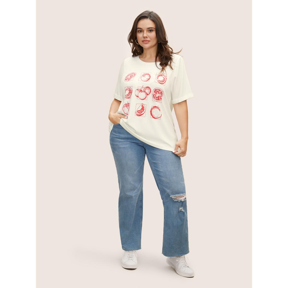 Plus Size Art & Design Tomato Print Round Neck T-shirt WhiteSmoke Women Casual Contrast Art&design Round Neck Everyday T-shirts BloomChic 12/L Product Image