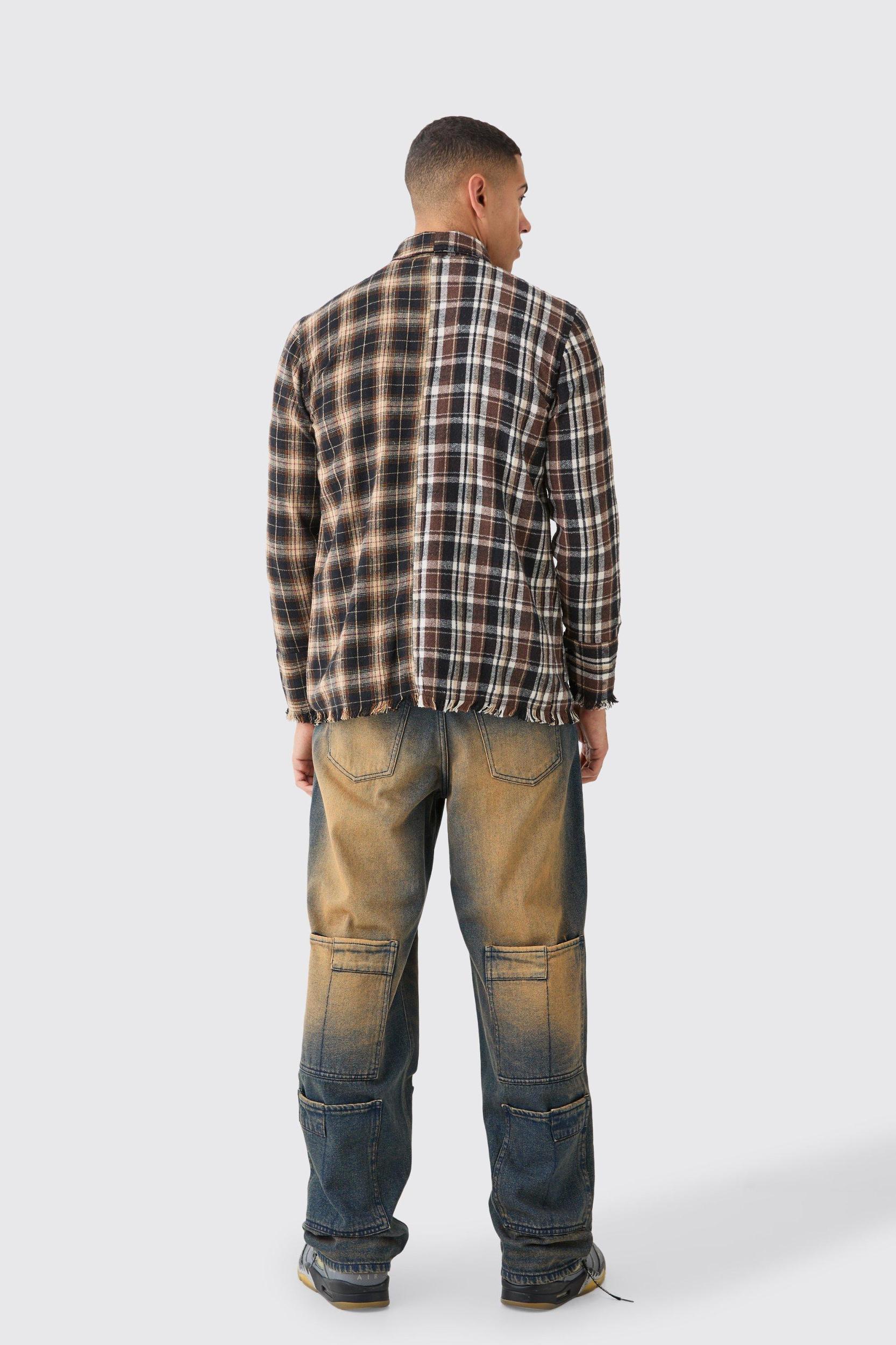 Spliced Frayed Flannel Shirt | boohooMAN USA Product Image