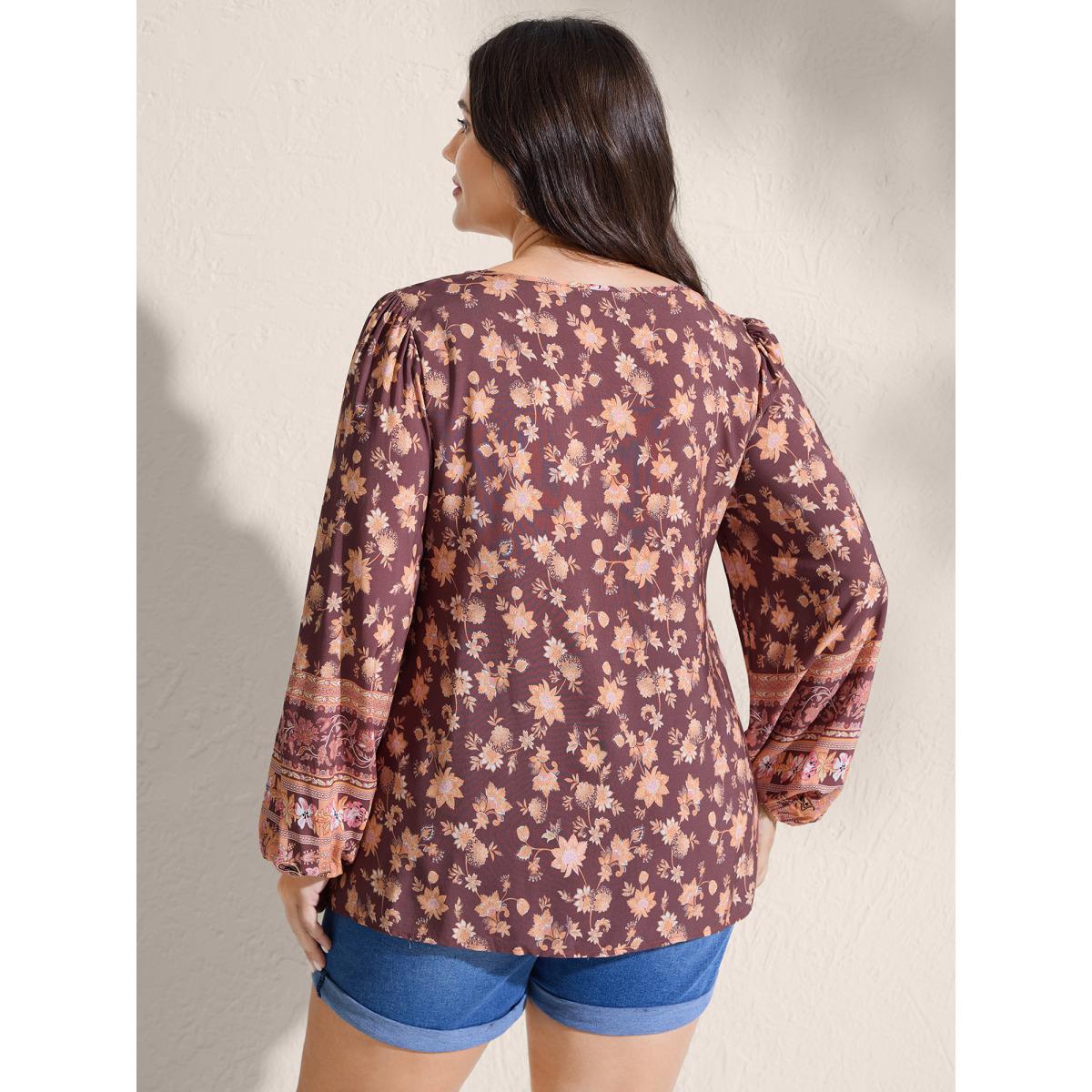 Plus Size Browncoffeecolor Floral Mixed Print Puffy Sleeve Blouse Women Boho Long Sleeve Round Neck Vacation Blouses BloomChic 28/5X Product Image