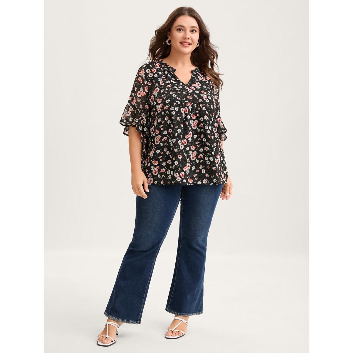 Plus Size Black Chiffon Floral Ruffled Sleeve Blouse Women Timeless Elbow-length sleeve Notched collar Elegant Blouses BloomChic 10/M Product Image