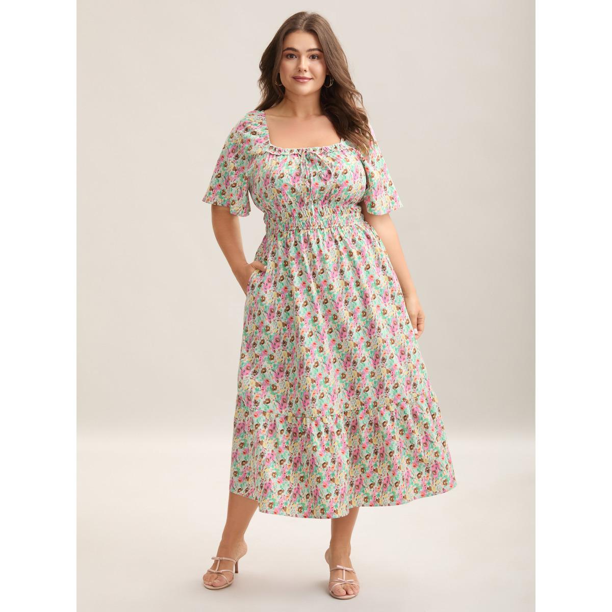 Plus Size Smocked Waist Floral Ties Tiered Maxi Dress Greenbean Women Timeless Tie knot Square Neck Short sleeve Curvy BloomChic 22-24/3X Product Image