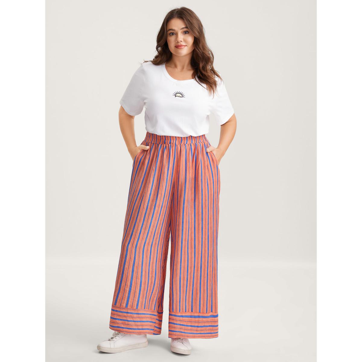 Plus Size Soft Stripes Stretchy Waist Wide-Leg Pants Women Coral Casual Wide Leg Mid Rise Everyday-Casual Pants BloomChic 22-24/3X Product Image