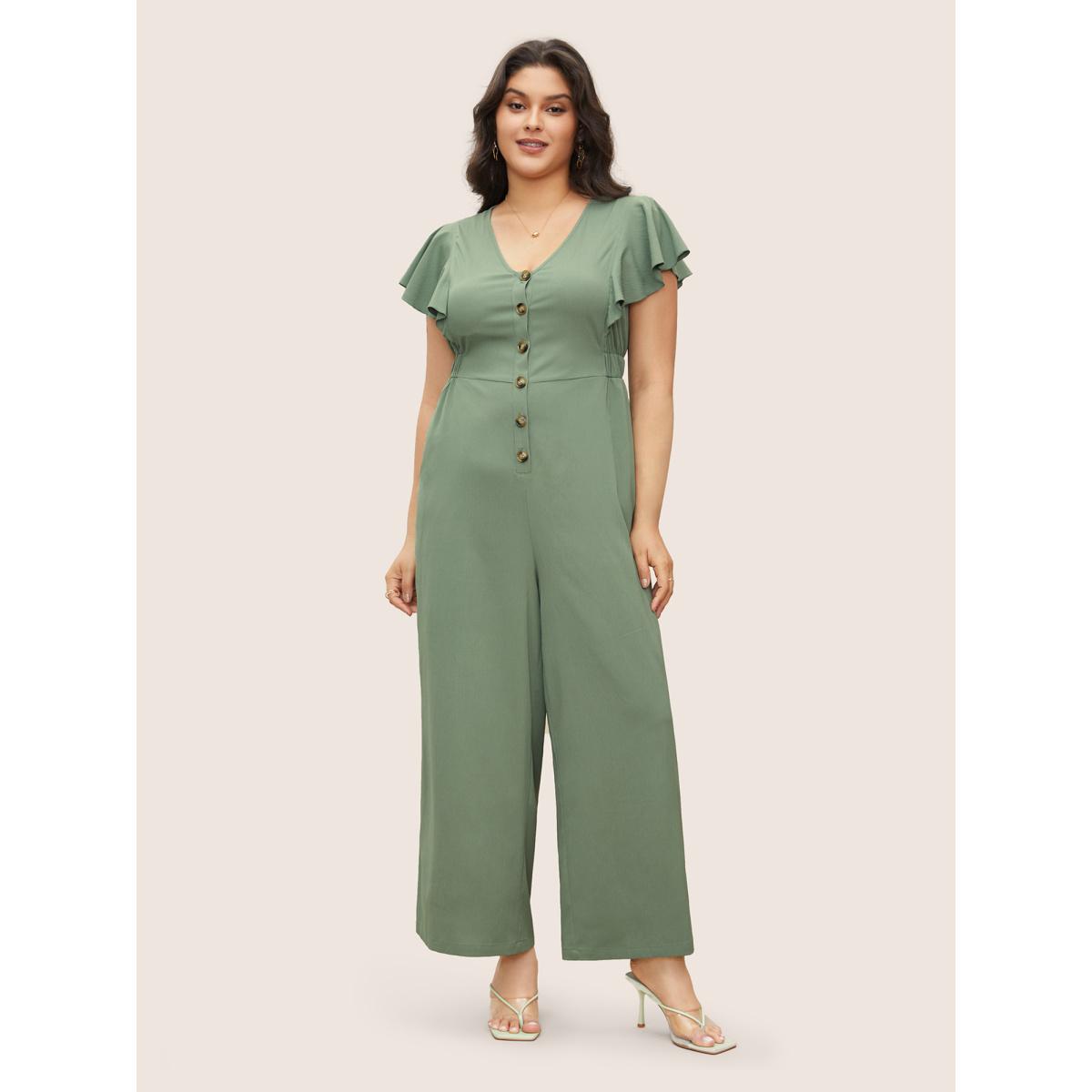 Plus Size Sage Solid Button Up Ruffle Cap Sleeve Jumpsuit Women Elegant Cap Sleeve V-neck Everyday Loose Jumpsuits BloomChic 12/L Product Image