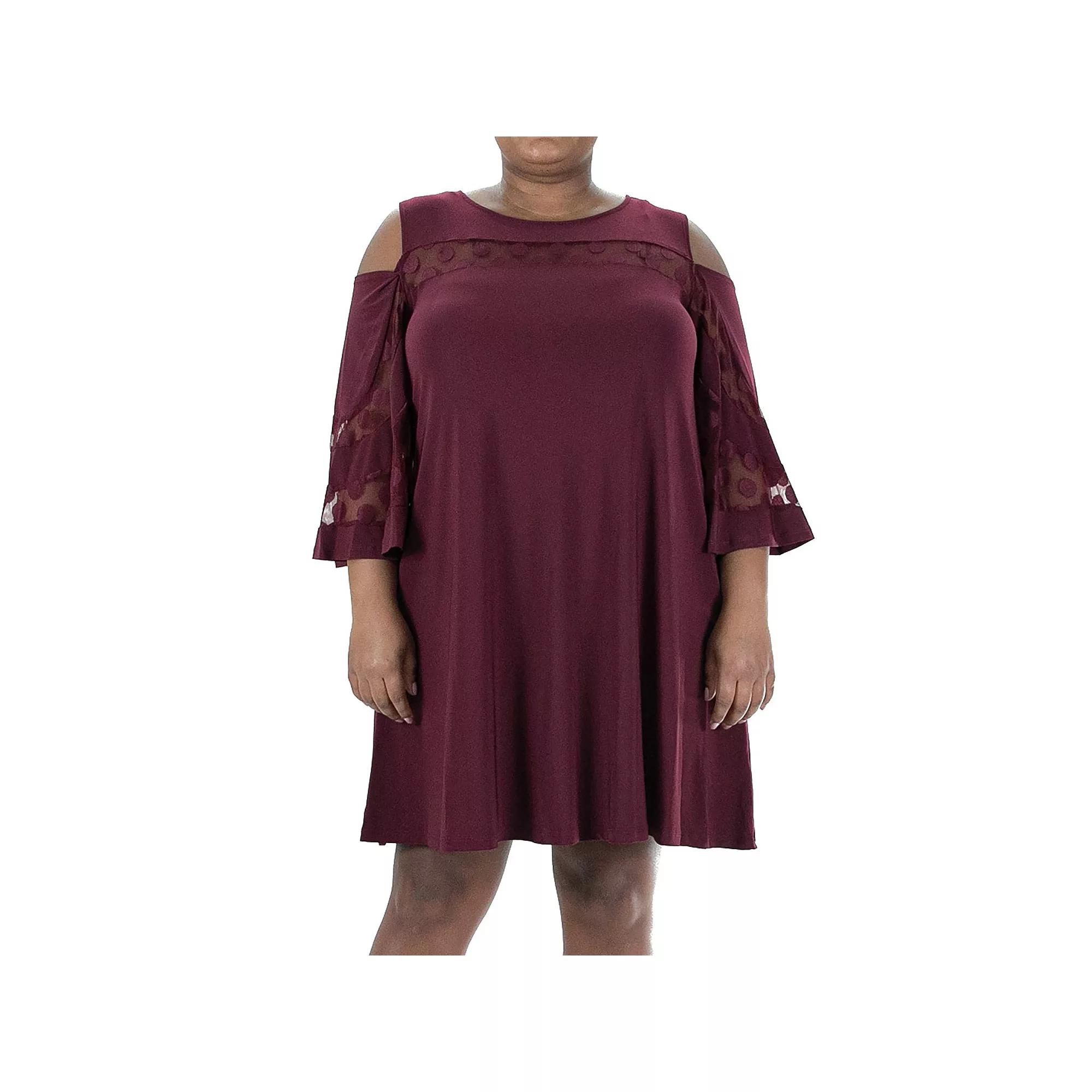 Plus Size Nina Leonard Mesh Yoke Cold-Shoulder Swing Dress, Women's, Size: 1XL, Deep Red Product Image