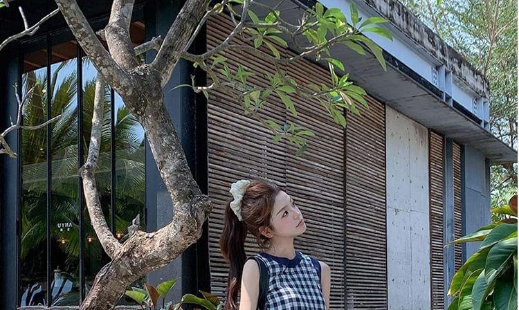 Maternity Set: Sleeveless Round Neck Plaid Peplum Top + Drawstring Waist Panel Wide Leg Pants Product Image