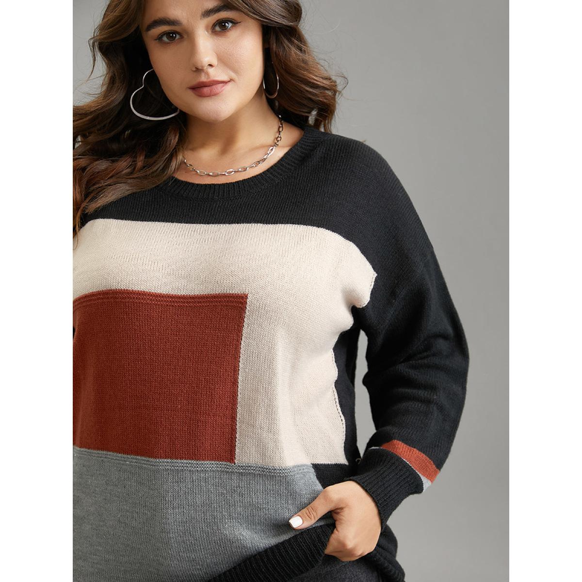 Plus Size Asymmetrical Colorblock Contrast Drop Shoulder Pullover Black Women Casual Loose Long Sleeve Round Neck Dailywear Pullovers BloomChic 28/5X Product Image