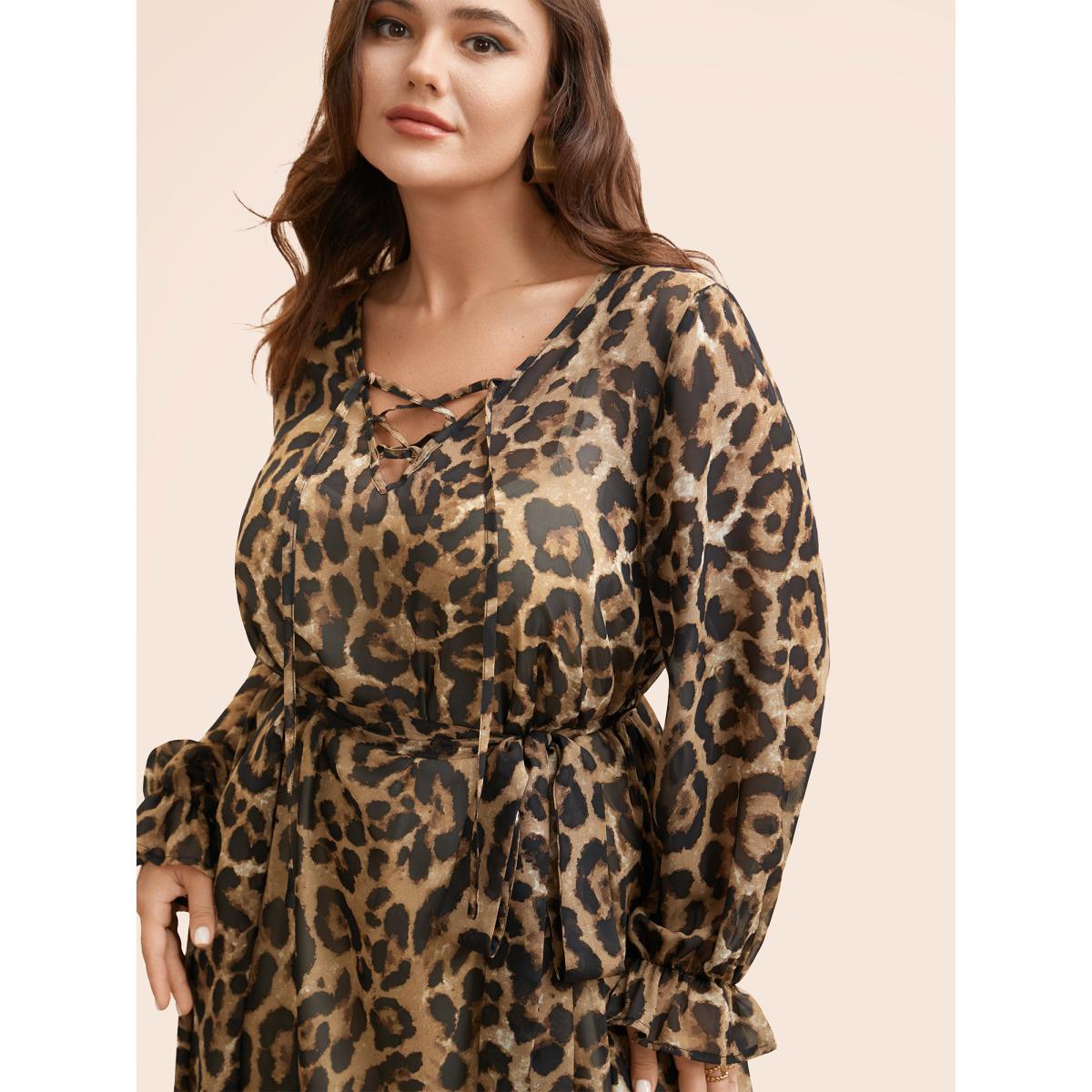 Plus Size Leopard Print Lace Up Lantern Sleeve Dress Leopard Women Romantic Wraparound straps V-neck Long Sleeve Curvy BloomChic 18-20/2X Product Image