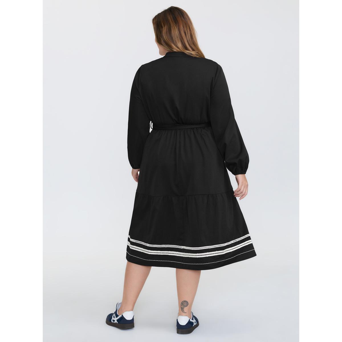 Plus Size Button Front Belted Stitch Detail Midi Dress Black Women Leisure Tucked seam Shirt collar Long Sleeve Curvy BloomChic 10/M Product Image