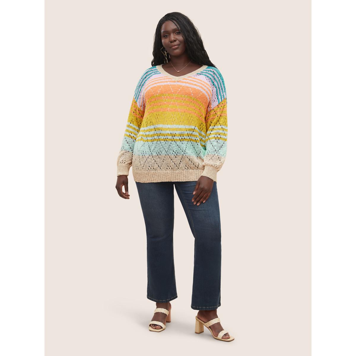 Plus Size Color Striped Hollow Out Pullover Multicolor Women Playful Long Sleeve V-neck Casual Pullovers BloomChic 10/M Product Image
