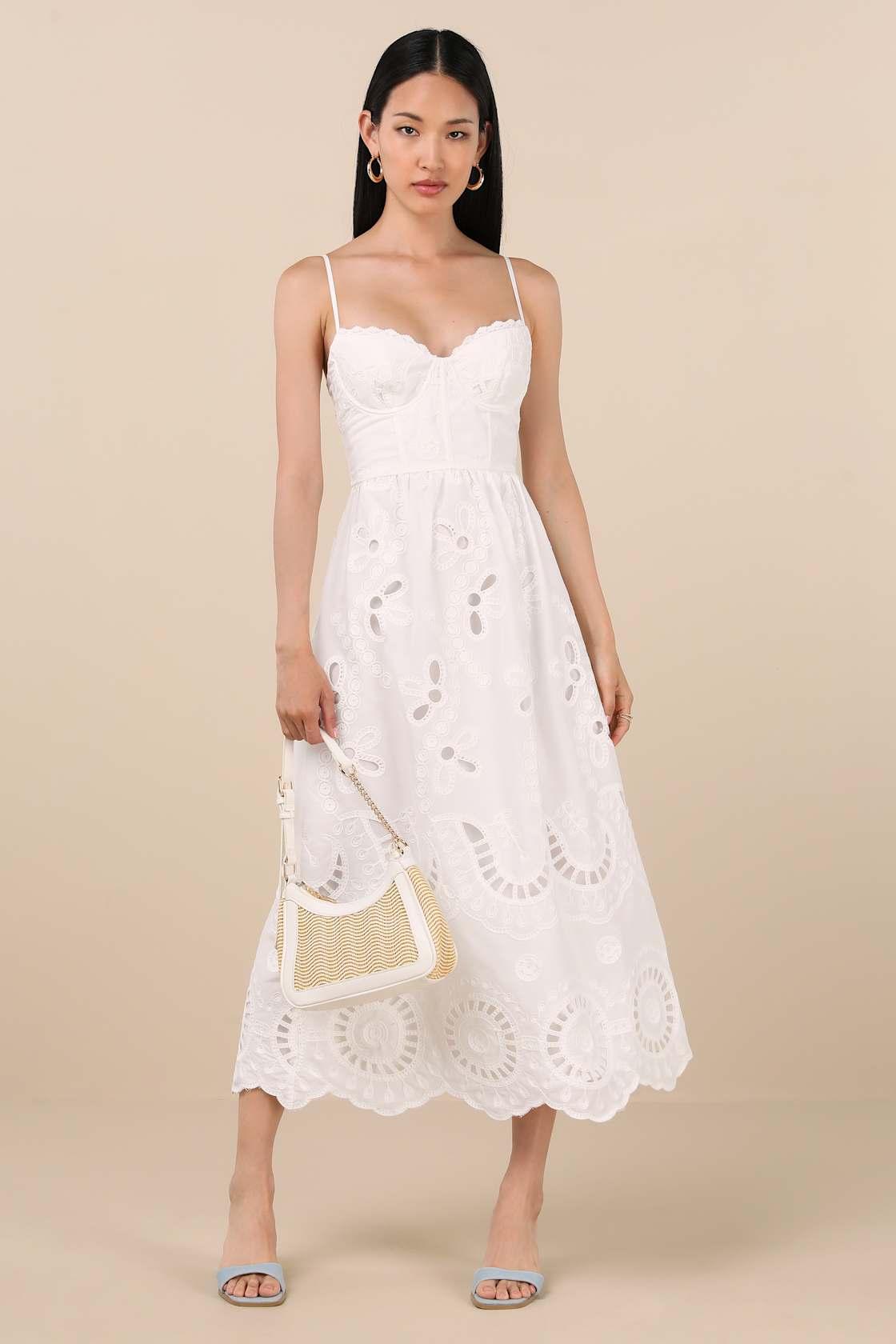 Jenora White Embroidered Bustier Midi Dress Product Image