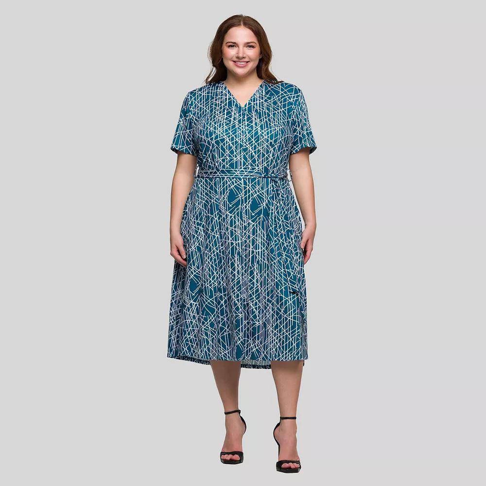 Plus Size 24Seven Comfort Apparel Short Sleeve Tie Waist Midi Dress, Women's, Size: 1XL, Blue Team Product Image