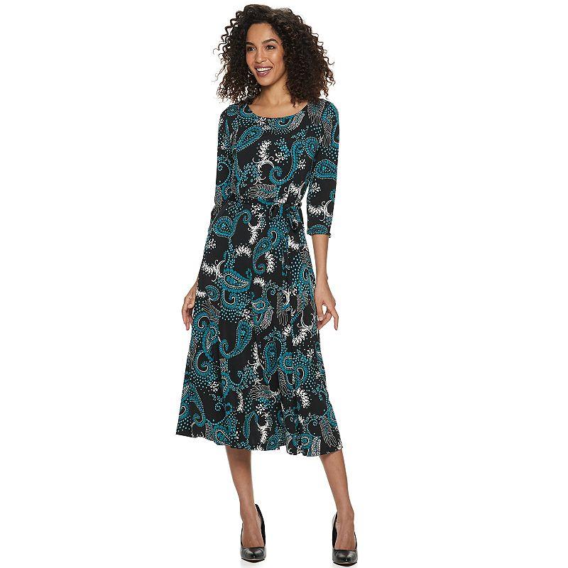 Women's Nina Leonard Belted 3/4 Sleeve Print Midi Dress,  Product Image