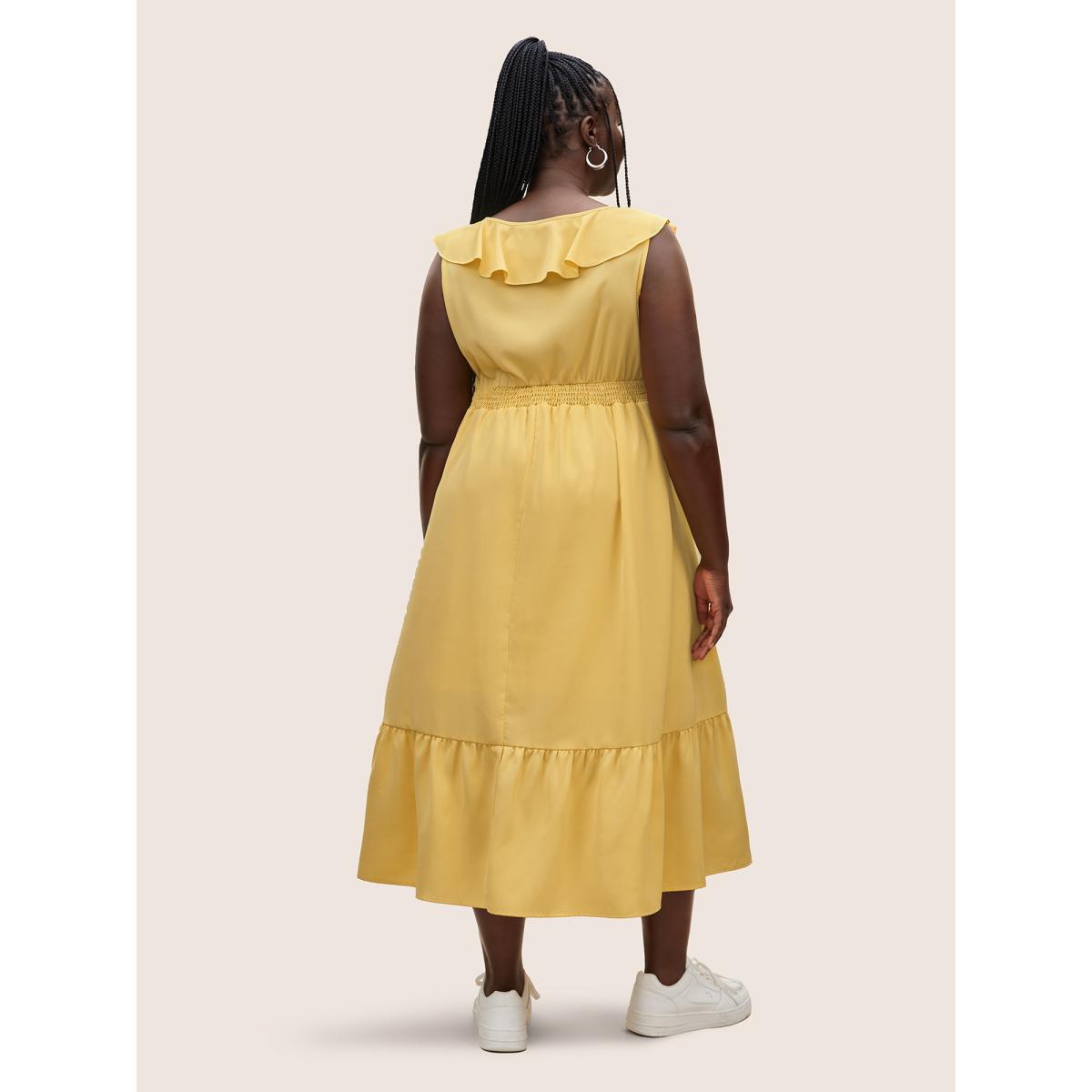 Plus Size Plain Shirred Ruffle Trim Sleeveless Dress Lightyellow Women Elegant U-neck Sleeveless Curvy BloomChic 12/L Product Image