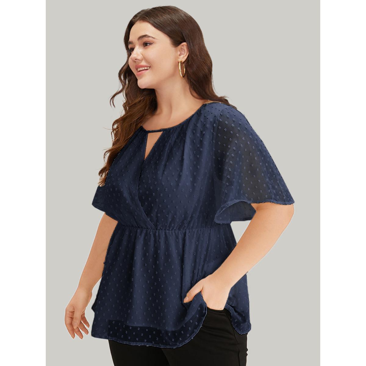 Plus Size Indigo Polka Dot Keyhole Mesh Gathered Flutter Sleeve Blouse Women Office Short sleeve V-neck Work Blouses BloomChic 18-20/2X Product Image